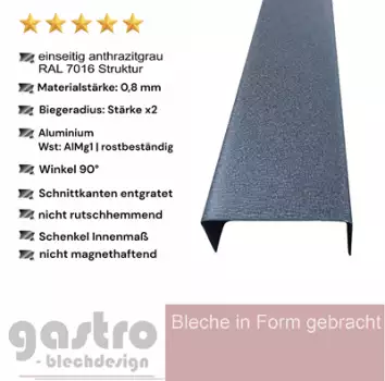 U-Profil Aluminium RAL 7016 Anthrazitgrau 0,8 mm im Querschnitt auf weißem Hintergrund“